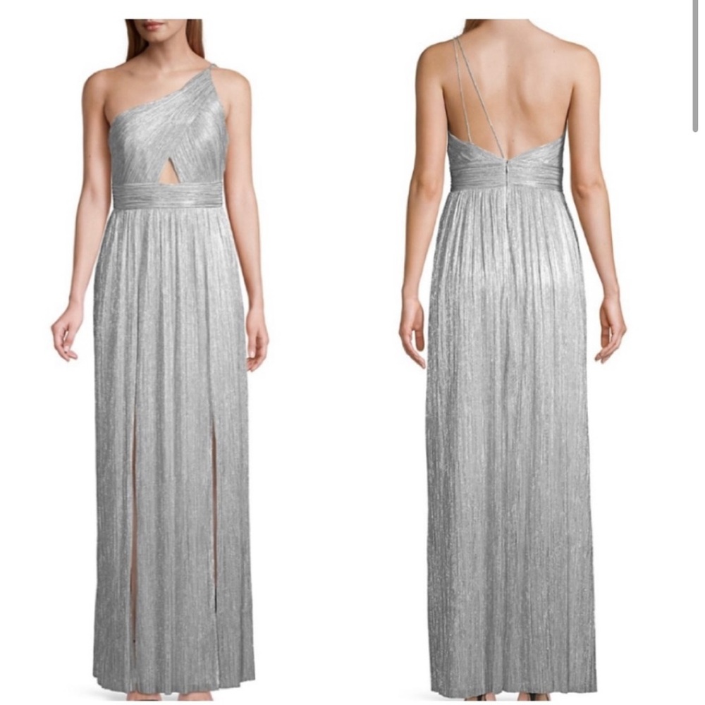 Aidan by Aidan Mattox One-Shoulder Metallic Silver Maxi Dress
